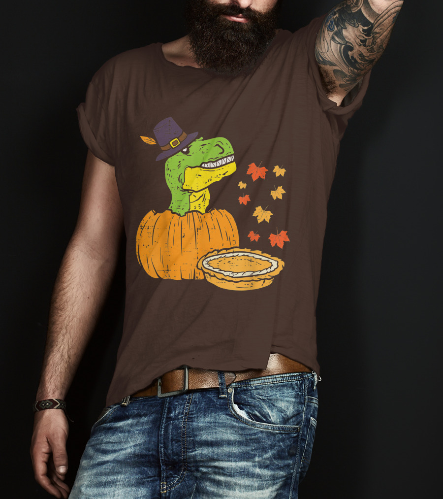 Pilgrim Trex Dinosaur Pumpkin Leaves Pie T-Shirt