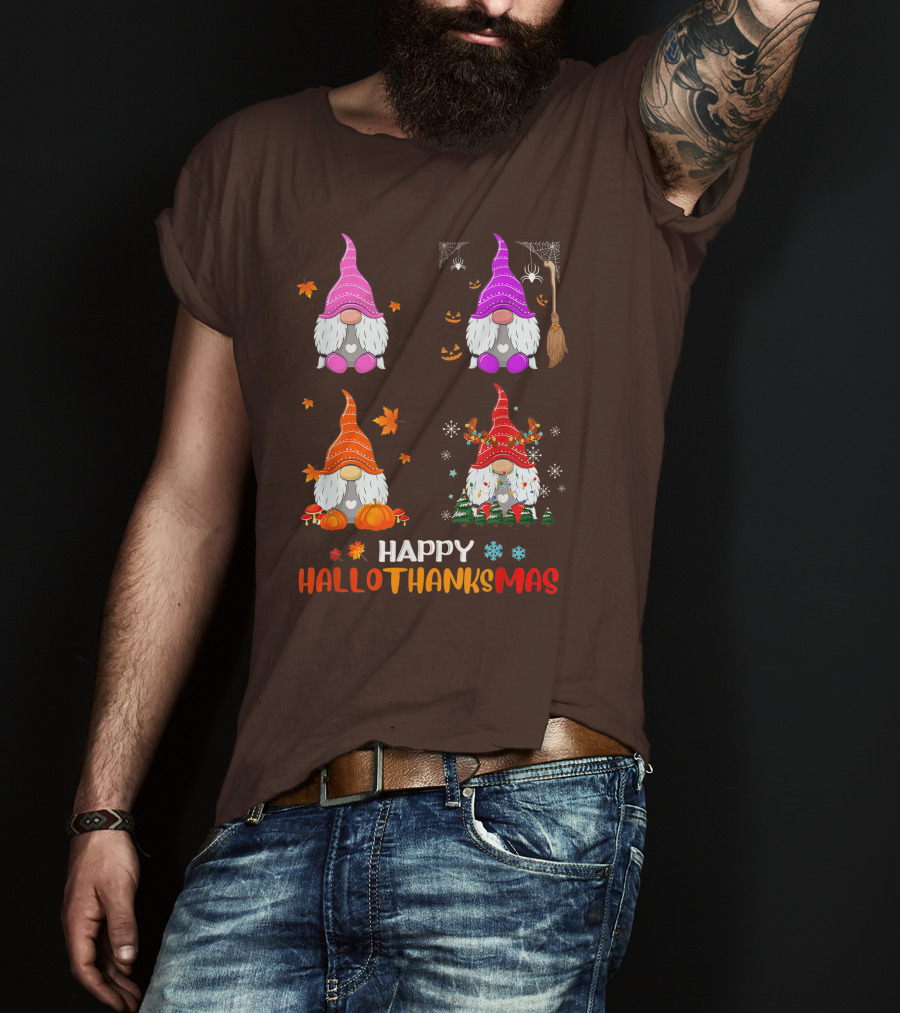 Happy Hallothanksmas Gnome Halloween Thanksgiving Christmas T-Shirt