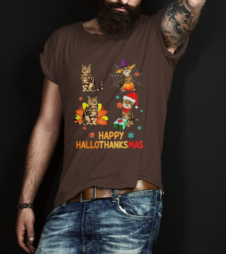Happy Hallothanksmas Cats With Pumpkin, Autumn Leaves, Santa Hat, And Gift T-Shirt