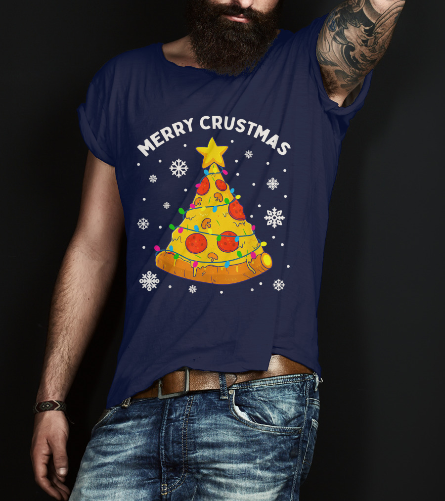 Merry Crustmas Pizza Christmas Tree With Cheese Garland And Snowflakes T-Shirt
