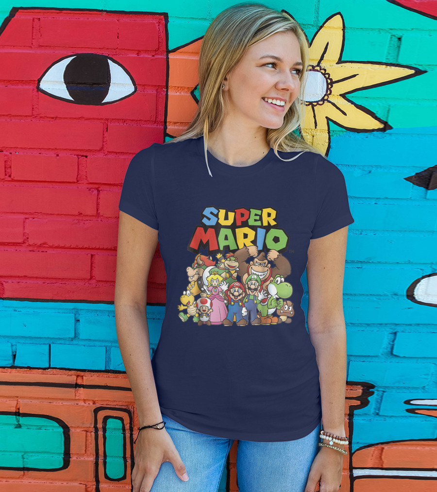 Super Mario Funny Full Cast Group Characters Bowser Donkey Kong Yoshi Luigi Princess Peach Toad T-Shirt