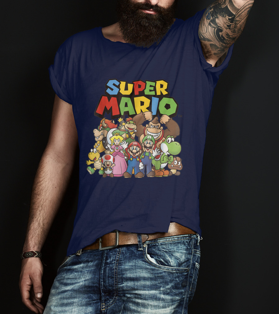 Super Mario Funny Full Cast Group Characters Bowser Donkey Kong Yoshi Luigi Princess Peach Toad T-Shirt