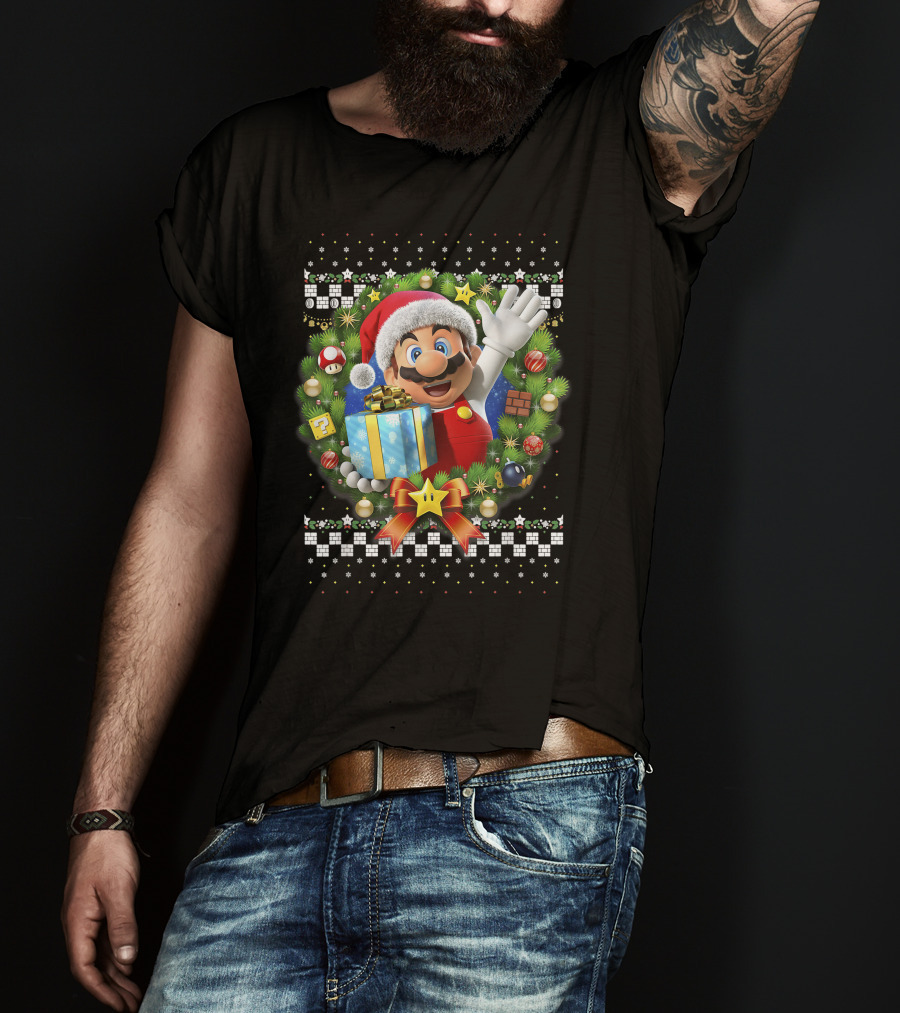 Super Mario Christmas Wreath Santa Present With Gift And Iconic Symbols T-Shirt