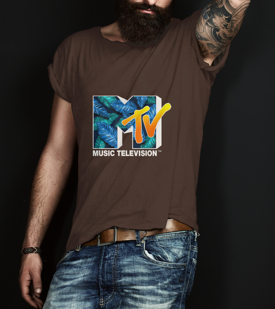 MTV Music Television Blue Green Tropical Leaf Fill T-Shirt