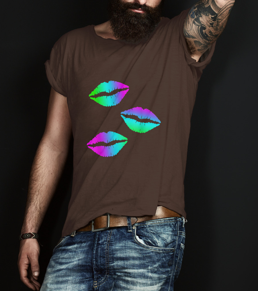 Funky Bright Neon Colours 80s Lipstick Rainbow Kiss Prints T-Shirt