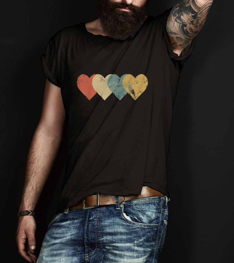 Vintage Hearts Distressed Red Yellow Blue Teal T-Shirt