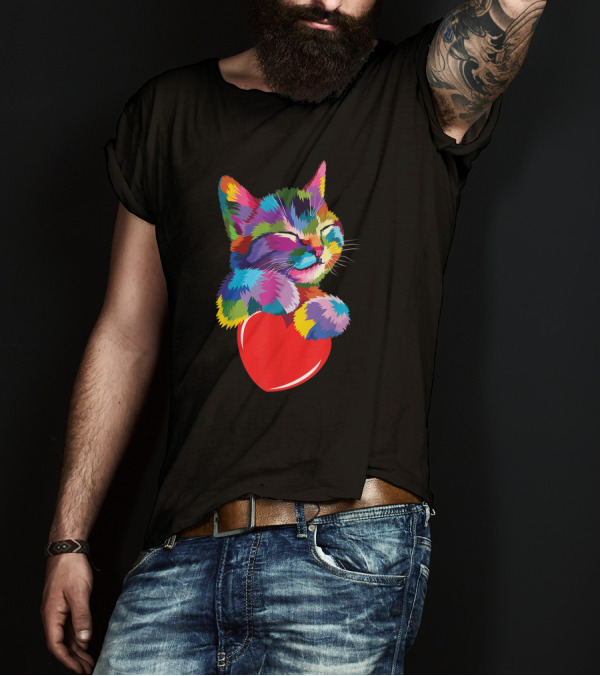 Colorful Cat Hugging Red Heart Cat Lover T-Shirt