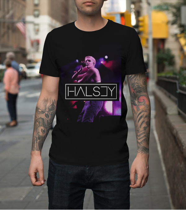 Shirt: Halsey Performing with Bold Logo Design and Atmospheric Lighting T-Shirt Halsey Performing with Bold Logo Design and Atmospheric Lighting T-Shirt