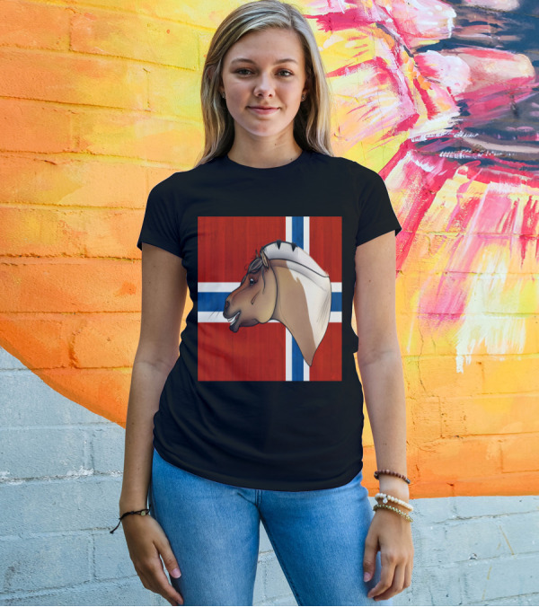 Rudi Pon Norway Fjord Horse Norwegian Flag Background T-Shirt