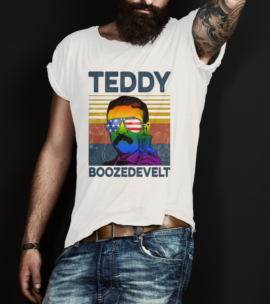 Teddy Boozedvelt Rainbow American Flag Sunglasses Beer Drink T-Shirt