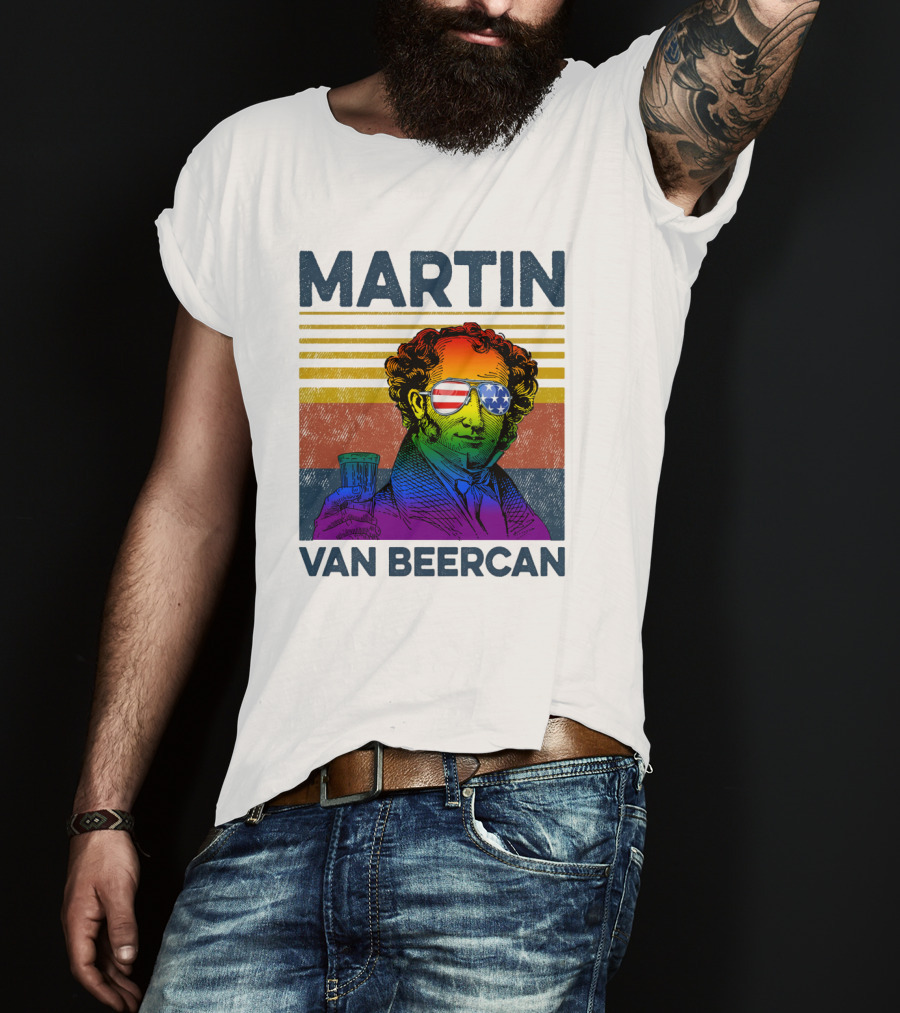 Martin Van Beercan American Flag Sunglasses Retro Drink Stripe T-Shirt