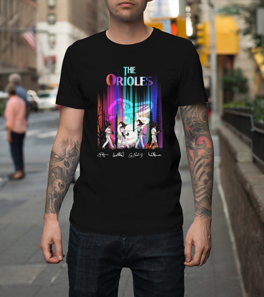 The Orioles Players and Signatures with Logo and Rainbow Background T-Shirt