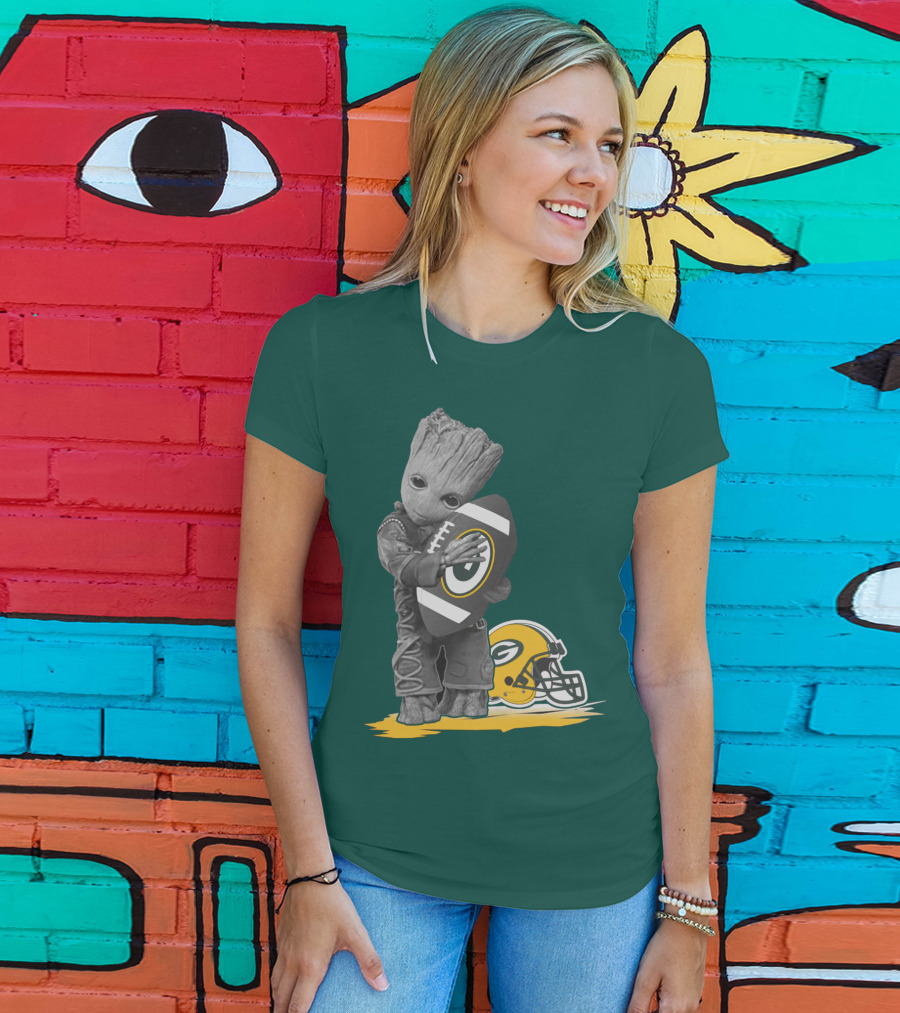 Groot Hugging Green Bay Packers Football With Helmet T-Shirt