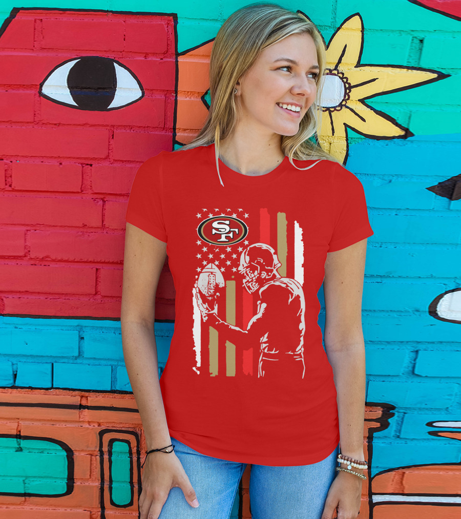 San Francisco 49ers Football Player With Logo And American Flag T-Shirt