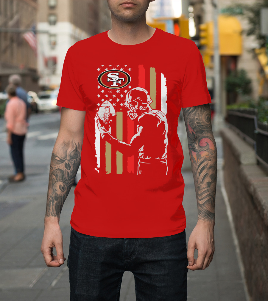 San Francisco 49ers Football Player With Logo And American Flag T-Shirt