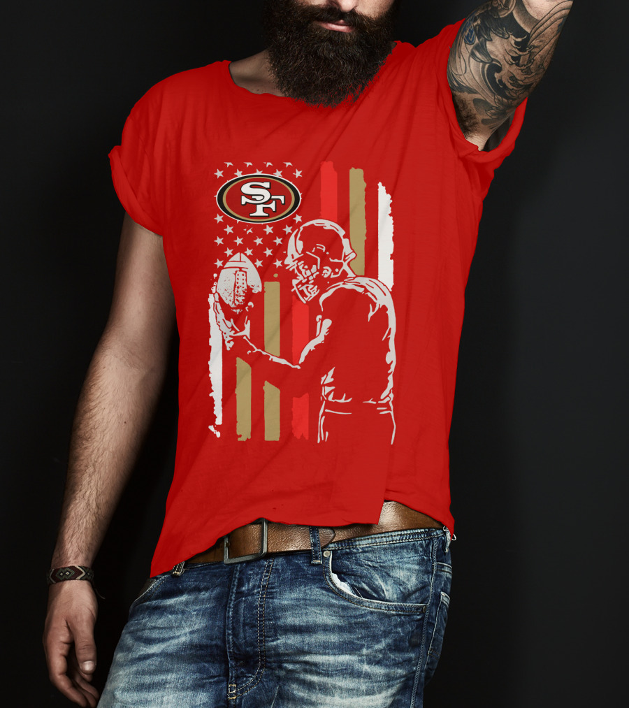 San Francisco 49ers Football Player With Logo And American Flag T-Shirt