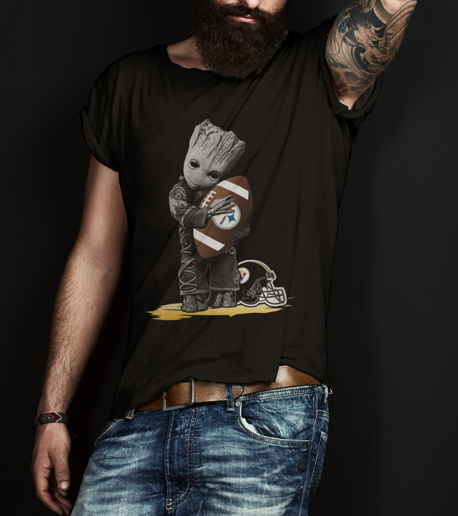 Groot Holding Football With Pittsburgh Steelers Helmet T-Shirt