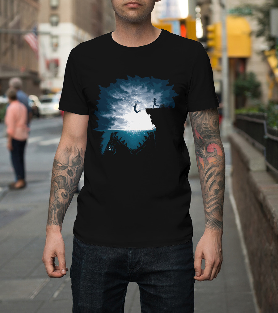 Lazy Fish Cliff Dive Silhouette Shark Ambush Scene T-Shirt
