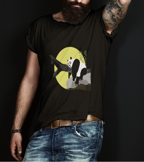 Lazy Panda Relaxing On Tree Branch With Moonlit Background T-Shirt