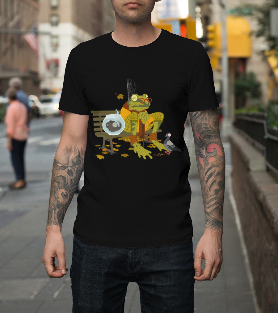 Elderly Frog in Plaid Sitting on Park Bench with Goldfish Bowl and Pigeon Surrounded by Autumn Leaves T-Shirt