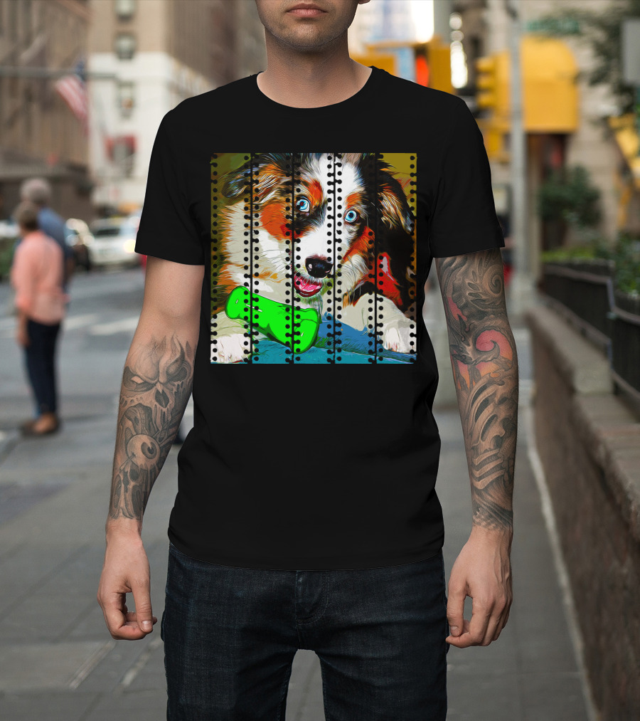 Australian Shepherd Aussie Dog Puppy Vector with Green Bone Toy and Blue Eyes T-Shirt
