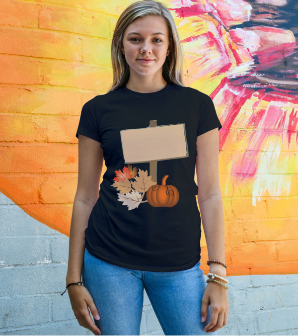 Wood Sign Pumpkin With Autumn Leaves T-Shirt
