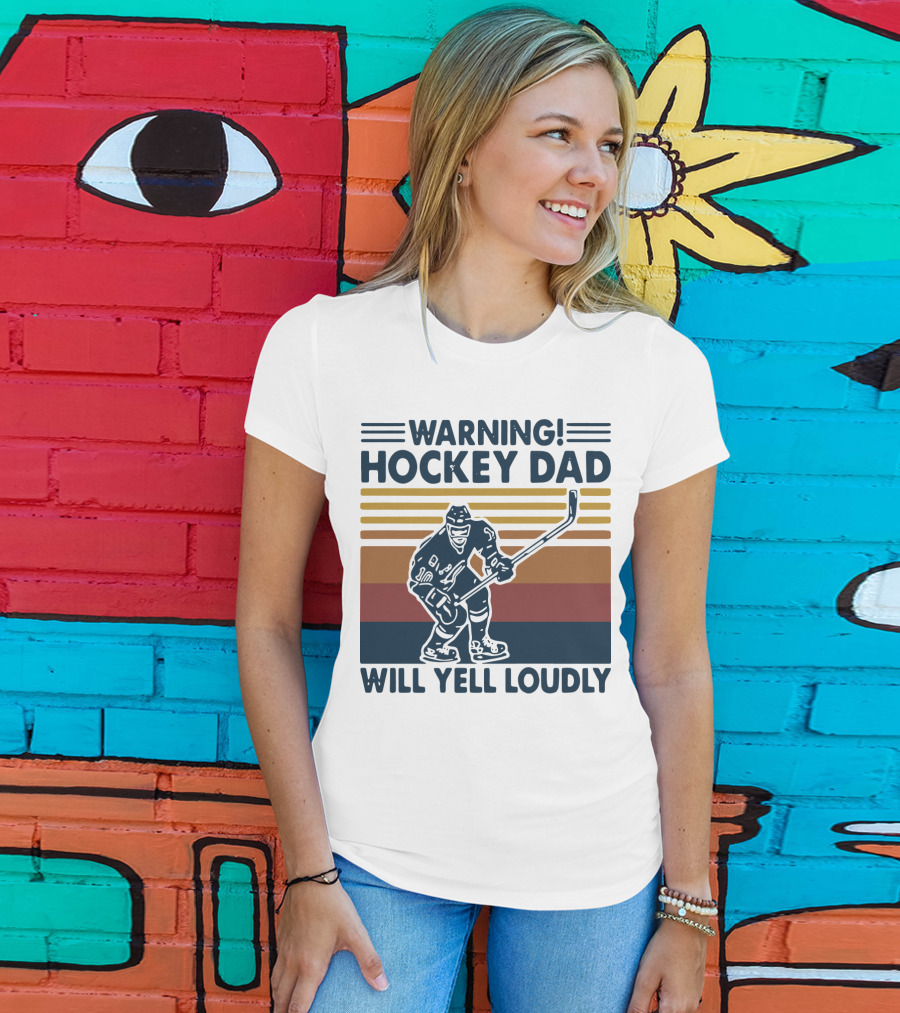 WARNING HOCKEY DAD WILL YELL LOUDLY Vintage Striped Hockey Player T-Shirt
