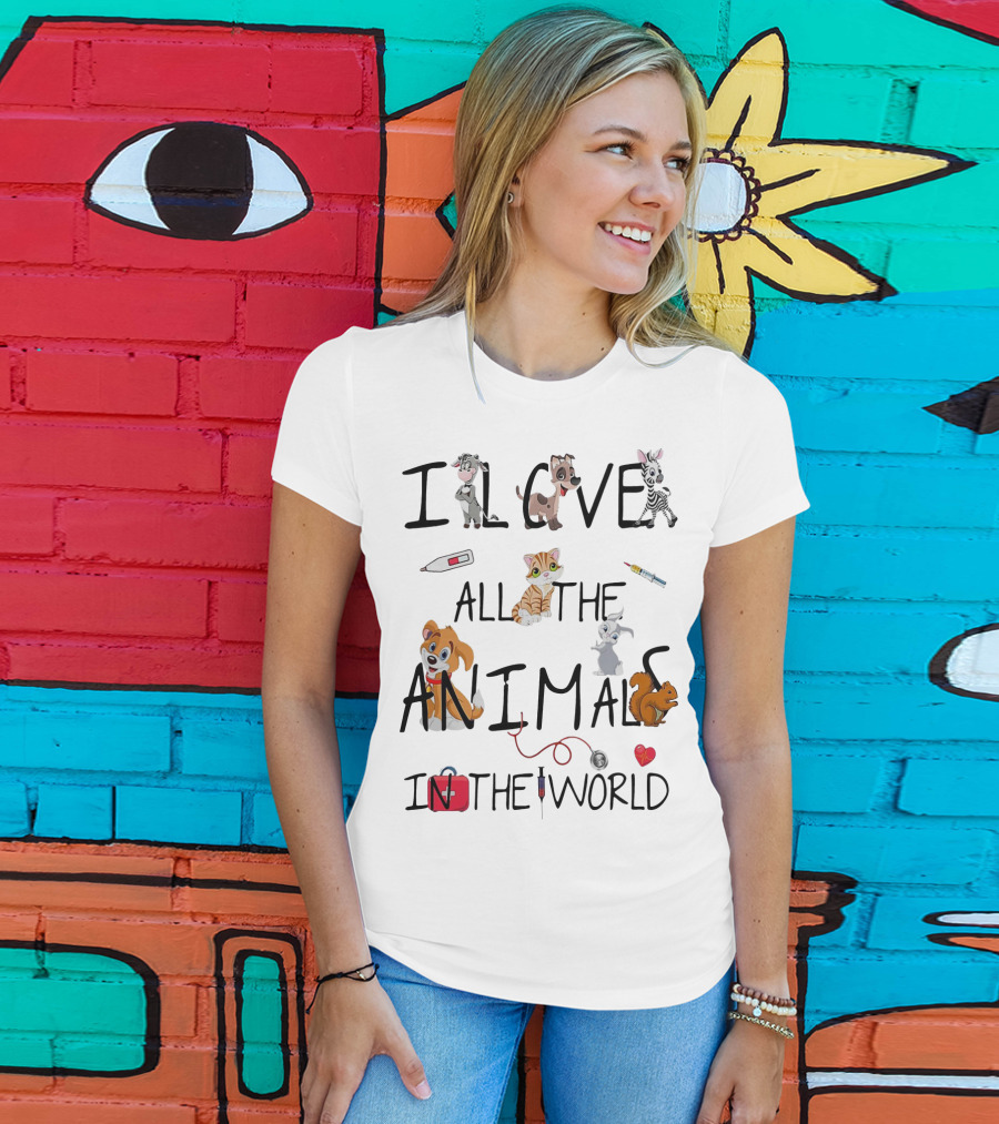I Love All The Animals In The World Vet Theme With Cute Cartoon Animals And Medical Tools T-Shirt