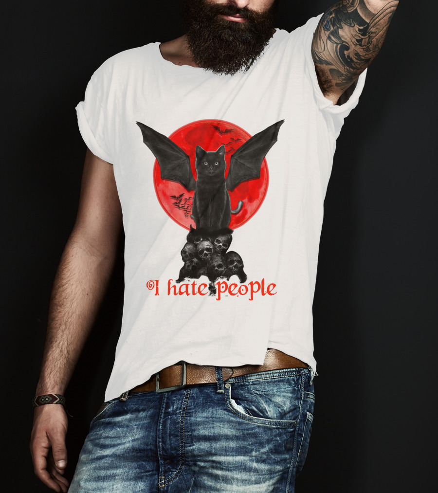 Black Bat Cat I Hate People Red Moon Skulls T-Shirt