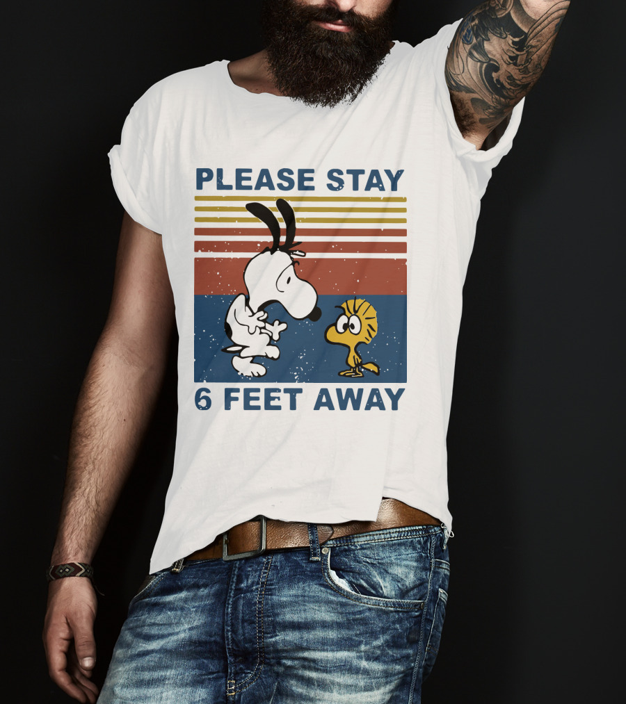 Vintage Please Stay 6 Feet Away Snoopy Woodstock Retro Stripes T-Shirt