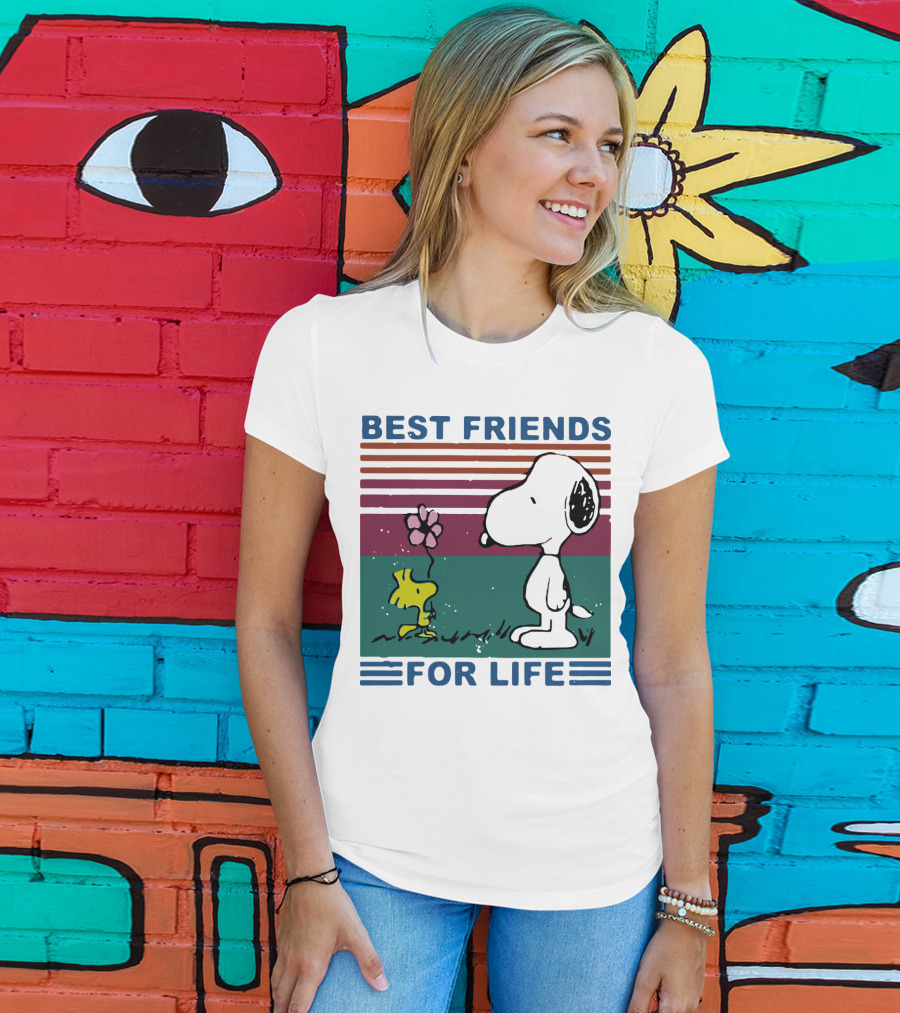 Best Friends For Life Snoopy Woodstock Vintage Retro Stripes T-Shirt