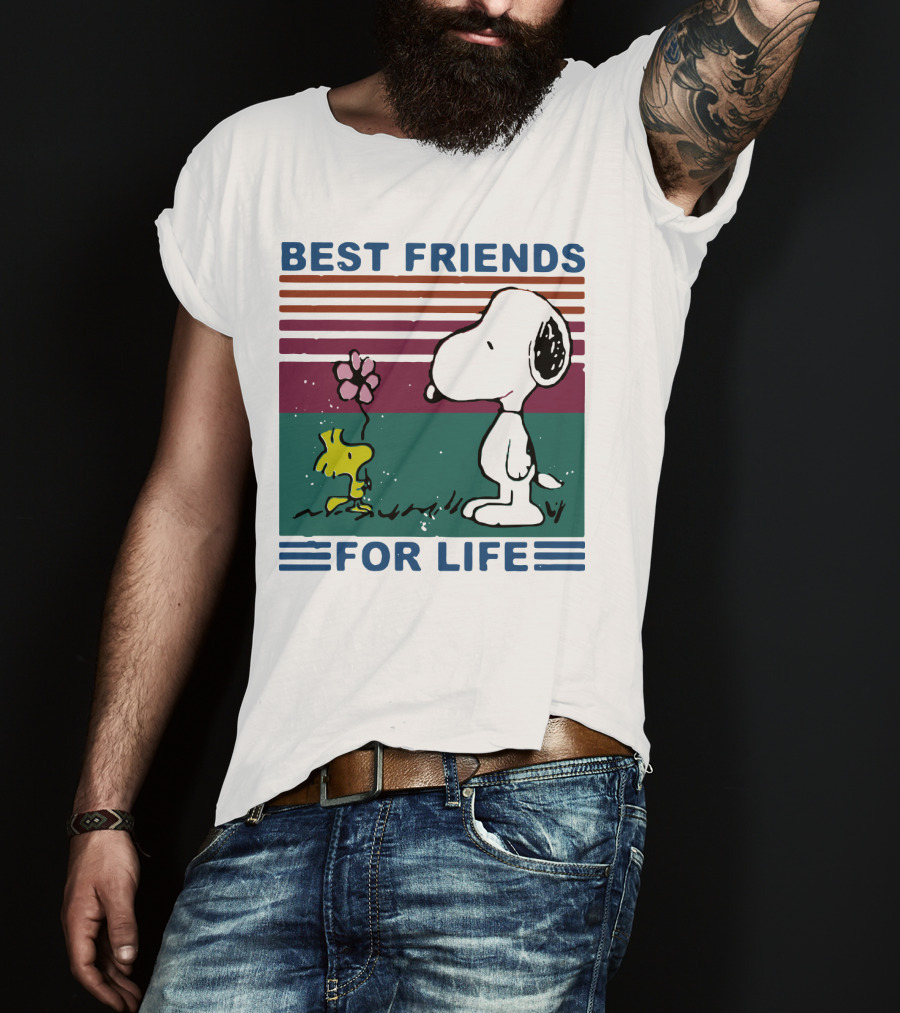 Best Friends For Life Snoopy Woodstock Vintage Retro Stripes T-Shirt