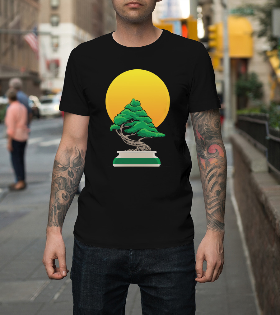 Bansai Bonsai Tree Silhouette Against Vibrant Yellow Sun T-Shirt