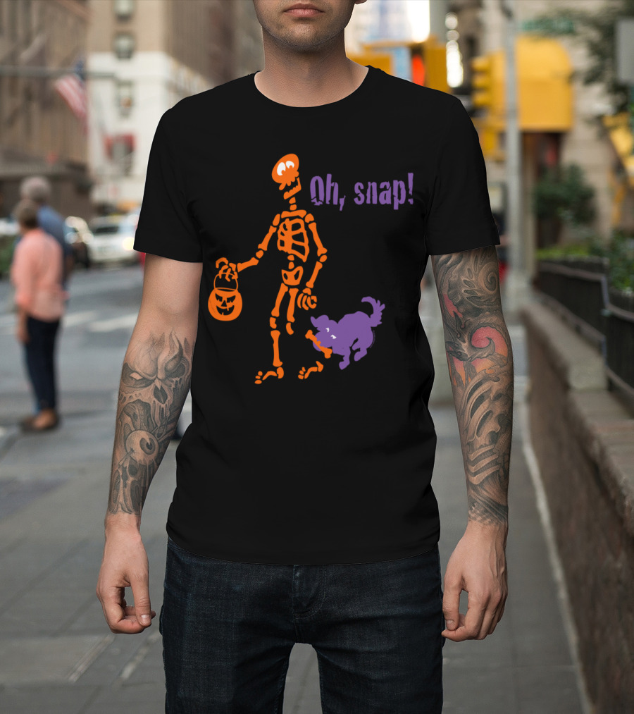 Oh Snap Halloween Skeleton with Purple Dog and Pumpkin Treat T-Shirt
