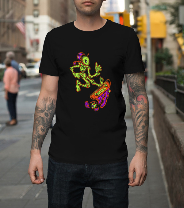 Shirt: SKULL Neon Skeleton Skateboard Kick T-Shirt SKULL Neon Skeleton Skateboard Kick T-Shirt