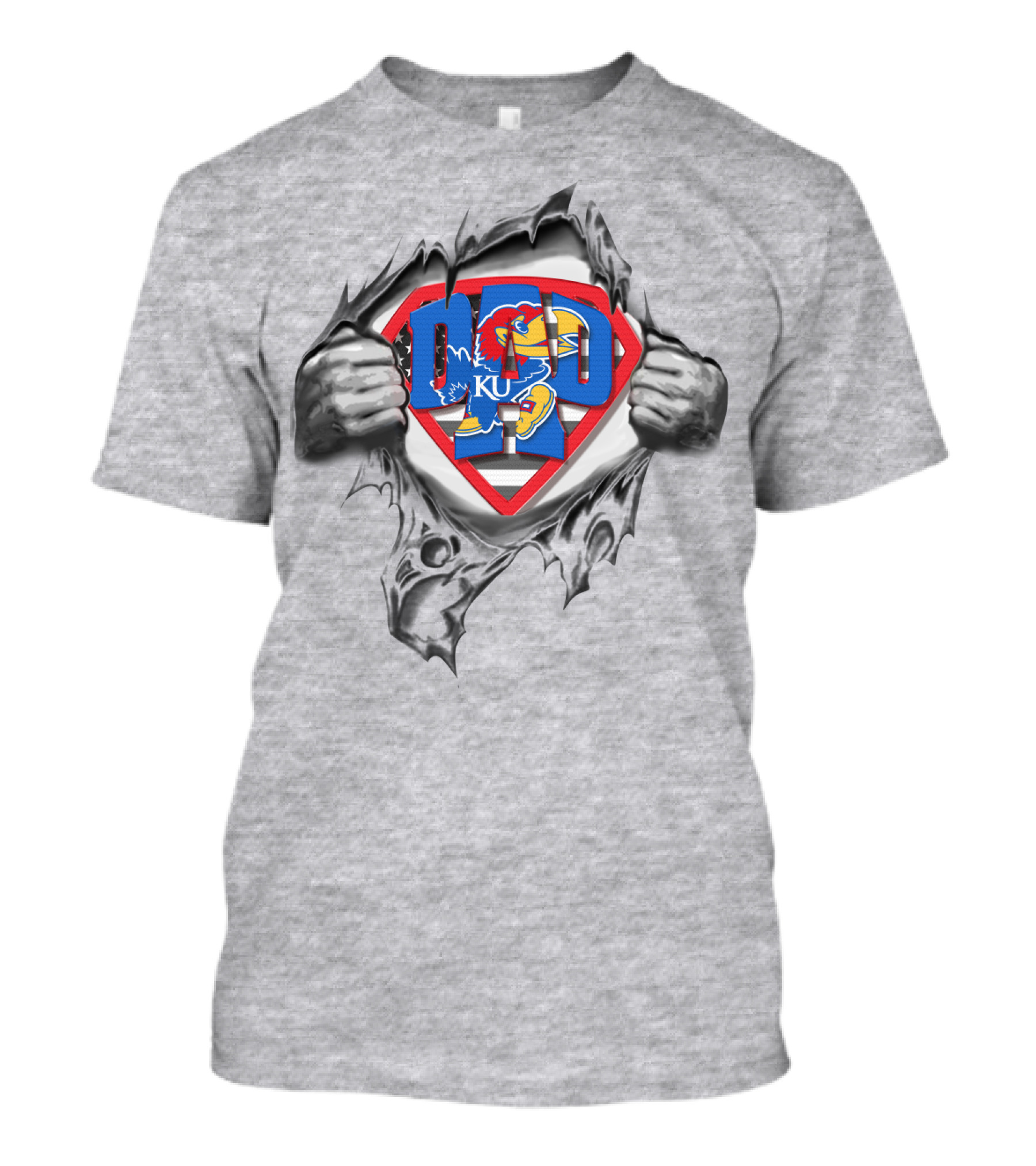 Superdad Kansas Jayhawks Ku Logo Torn Superhero Chest T-Shirt