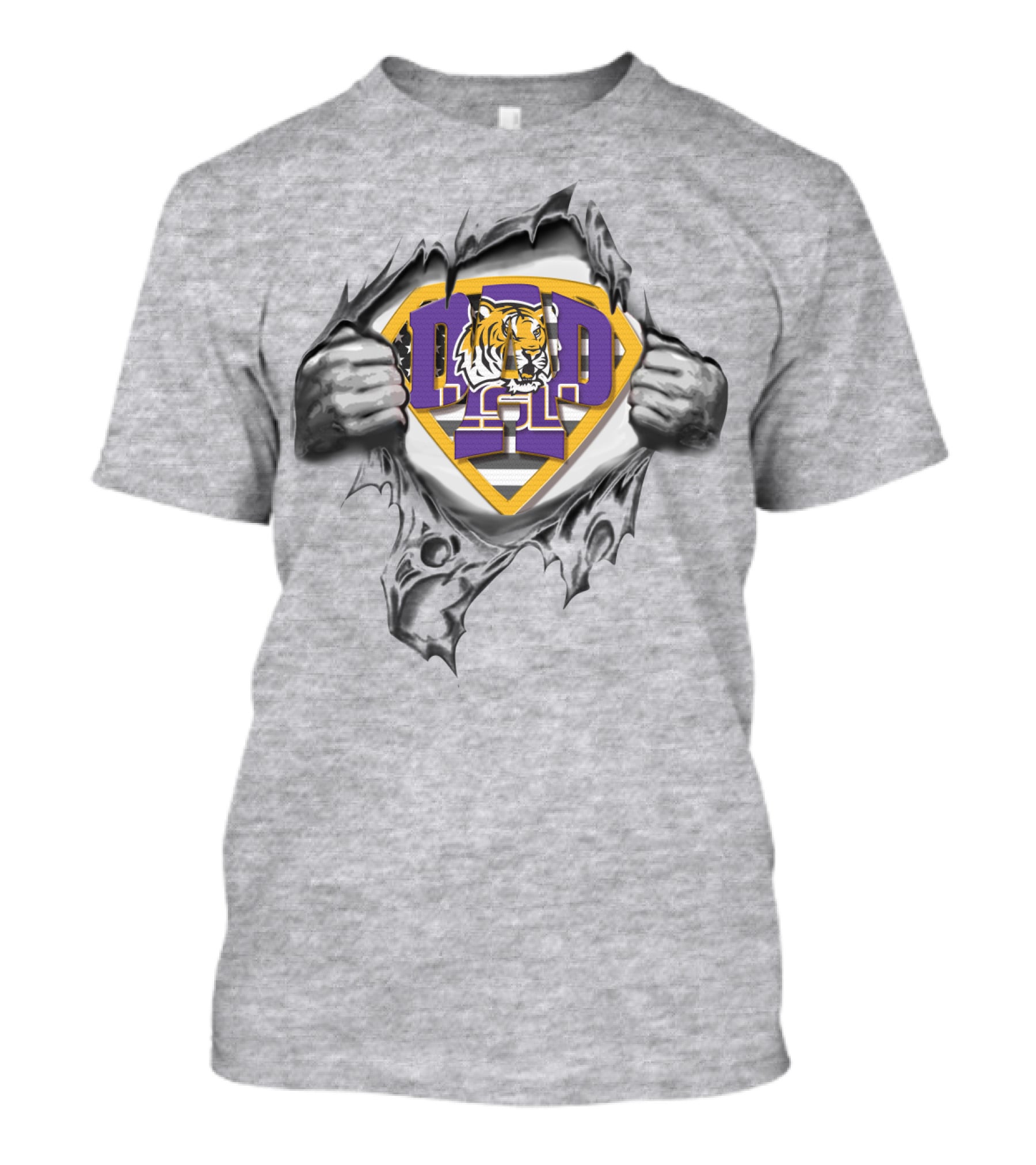 Superdad Lsu Tigers Iconic Tiger Face Logo IN Superhero S Chest Ripped Effect T-Shirt