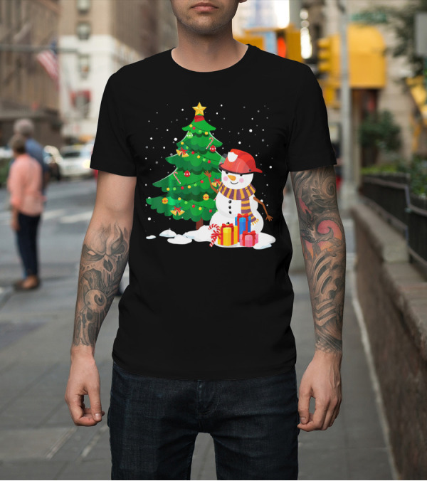 Shirt: Christmas Snowman with Firefighter Hat by Christmas Tree with Gifts T-Shirt Christmas Snowman with Firefighter Hat by Christmas Tree with Gifts T-Shirt