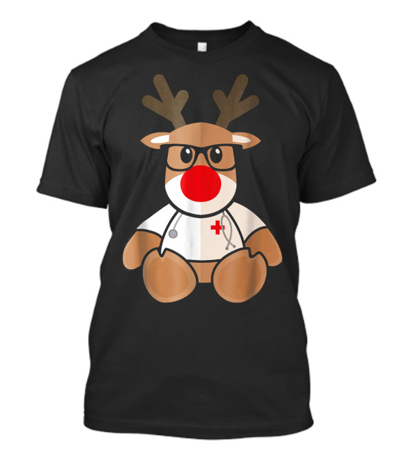Christmas Reindeer Nurse With Glasses And Stethoscope T-Shirt