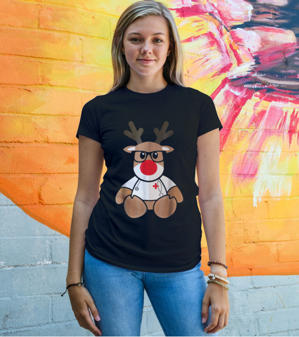 Christmas Reindeer Nurse With Glasses And Stethoscope T-Shirt