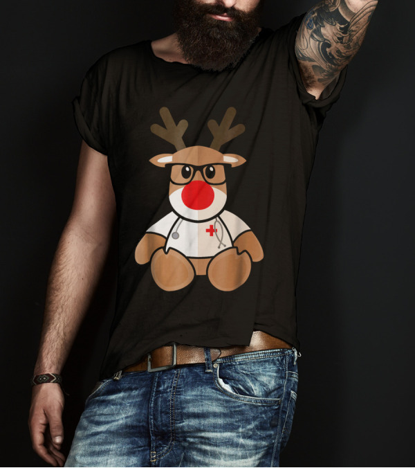 Christmas Reindeer Nurse With Glasses And Stethoscope T-Shirt