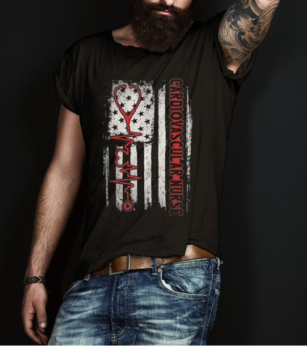 Distressed Cardiovascular Nurse USA Flag Stethoscope Heartbeat T-Shirt