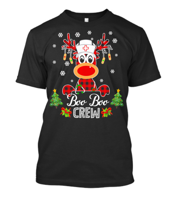 Boo Boo Crew Funny Nurse Christmas Reindeer Buffalo Plaid T-Shirt
