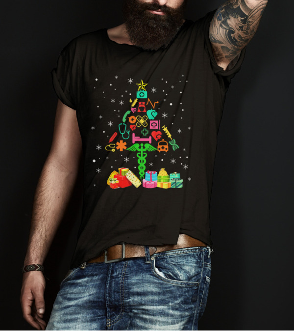 Funny Nurse Christmas Tree With Medical Symbols And Presents T-Shirt