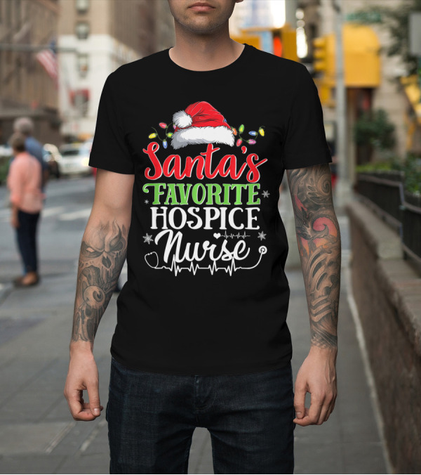 Shirt: Santa's Favorite Hospice Nurse Christmas Lights Hat Snowflakes Heartbeat T-Shirt Santa's Favorite Hospice Nurse Christmas Lights Hat Snowflakes Heartbeat T-Shirt