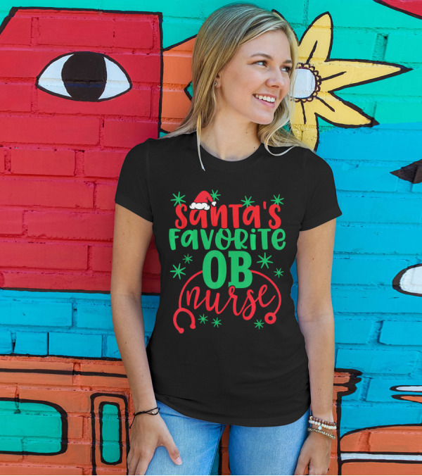 Santa's Favorite OB Nurse Christmas Stethoscope Hat Stars T-Shirt