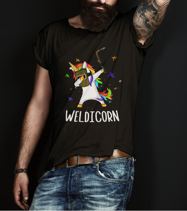 Weldicorn Welder Unicorn Dabbing Rainbow Mane With Welding Torch T-Shirt