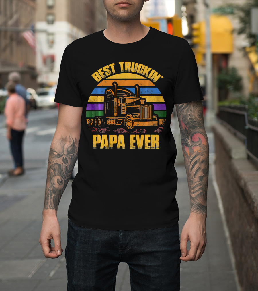 Best Truckin' Papa Ever Truck Driver Retro Sunset T-Shirt