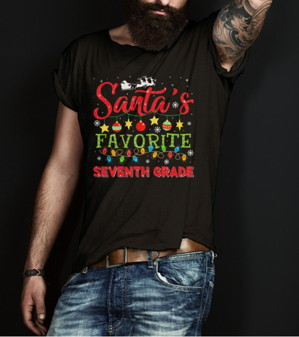 Santa's Favorite Seventh Grade Christmas Teacher Ornaments Snowflakes Lights T-Shirt