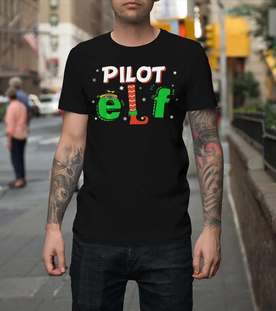 Pilot Elf Christmas Matching Group Festive Holiday Snowflakes T-Shirt